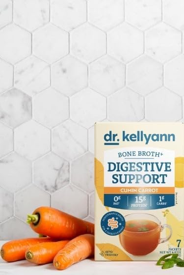 Dr. Kellyann Bone Broth + Digestive Support Collagen Powder Packets (7 Servings, 1 Box), 16g Protein/Serving, 100% Grass-Fed Hydrolyzed Collagen Powder, Keto & Paleo Friendly - Cumin Carrot
