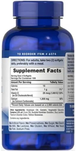 Puritan's Pride Absorbable Calcium 1200 mg Plus Vitamin D3 25mcg 1000 IU with Bone-Active, Dietary Supplement for Bone Strength, Heart, Nerve, Muscle, and Immune Support, 200 Rapid Release Softgels