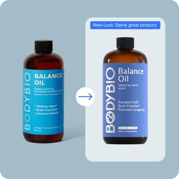 BodyBio Balance Oil - Essential Fatty Acids Omega 3 & 6 - Cold Pressed, Vegan, Organic Safflower and Flax Seed Oil Blend for Brain & Mood Support and Cellular Health, 16 oz