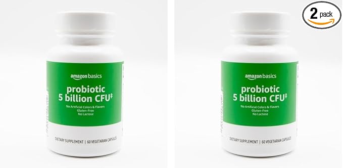 Amazon Basics Probiotic 5 Billion CFU, 8 Probiotic strains with 60 mg Prebiotic Blend, 60 Count Vegetarian Capsules, 2 Month Supply, Supports Healthy Digestion (Previously Solimo) (Pack of 2)
