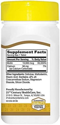 21st Century Biotin Tablets, 10,000 mcg,2 Count
