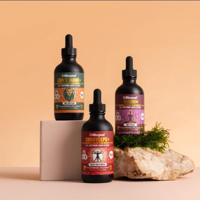 Lifecykel Professional Athletes Pack - Reishi, Lions Mane & Cordyceps Mushroom Extract- Full-Spectrum Mushroom Tincture for Energy, Focus and Immune Health- Vegan, Non-GMO Formula