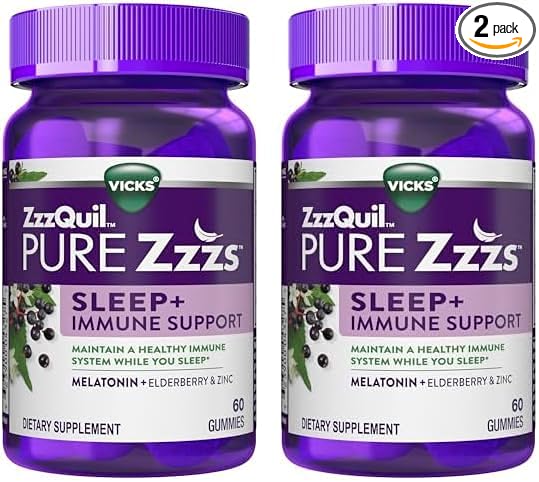 ZzzQuil Pure Zzzs Sleep + Immune Support Melatonin Sleep Aid Gummies with Elderberry, Zinc, Chamomile, Lavender, & Valerian Root, 1mg per Gummy, 60 ct (Pack of 2)