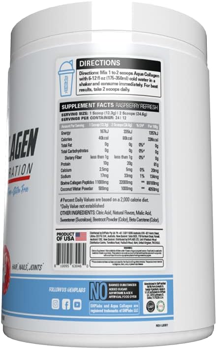 EHP Labs Aqua Hydrolyzed Collagen Peptides Powder - 10g of Protein per Serving, Hydration & Gut Health Support, Grass Fed Pasture-Raised Bovine Collagen, Type I & III, 24 Servings (Raspberry Refresh)