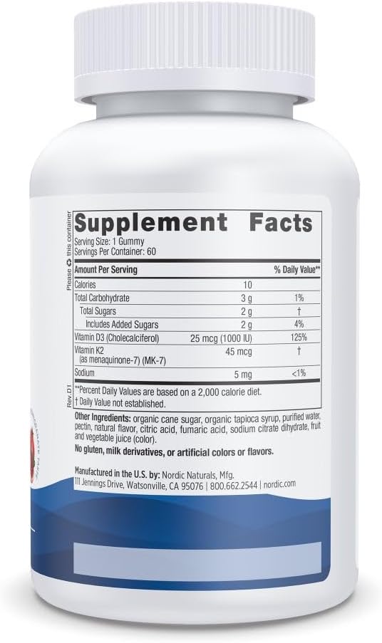 Nordic Naturals Vitamin D3 + K2 Gummies, Pomegranate - 60 Gummies - 1000 IU Vitamin D3 + 45 mcg K2 - Great Taste - Bone Health, Promotes Healthy Muscle Function - Non-GMO - 60 Servings