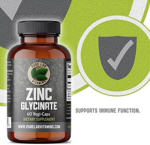 Zinc Glycinate 23 mg Supplement - 60 Vegan Caps by Pure Lab Vitamins - Amino Acid Salt for Healthy Skin & Nails - Supports The Immune System, Prostate, Vision - Made in Canada