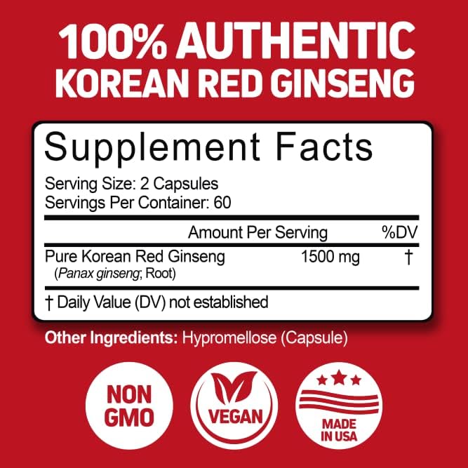 Korean Red Panax Ginseng 1500mg - High Potency Ginseng for Energy, Performance & Immune Support for Men & Women - Pure Ceylon Cinnamon Capsules for Enhanced Well-Being - 1500mg per Serving