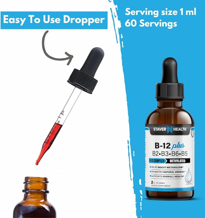 B12 Plus Liquid Vitamin B Complex Supplement - B Complex Vitamin Supplement - 2 Month Supply - Energy Support Supplement - Vegan - Non-GMO - Gluten Free - 2 Fl Oz