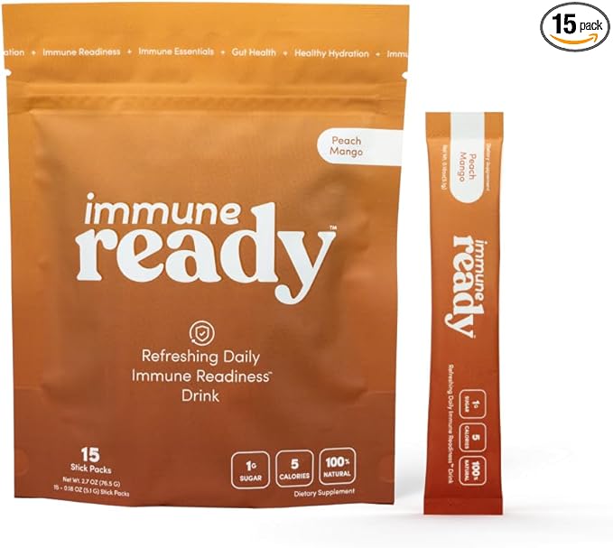 Immune Ready™ Immunity Boost Drink Mix with Vitamin C, D3, Zinc Picolinate, Inulin, Beta Glucan & Electrolytes - Delicious & Refreshing Sugar-Free Immune Booster - Peach-Mango Flavored - 15 Servings