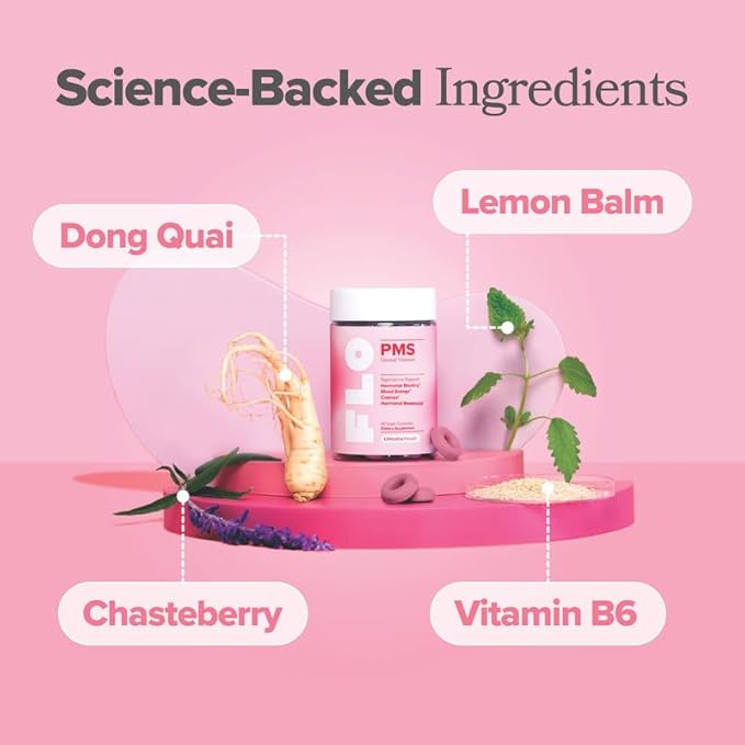 O Positiv FLO PMS Gummies for Women - Proactive PMS Relief - Targets Hormonal Breakouts, Bloating, Cramps, & Mood Swings with Chasteberry, Vitamin B6, & Lemon Balm - PMS Gummies (Pack of 1)