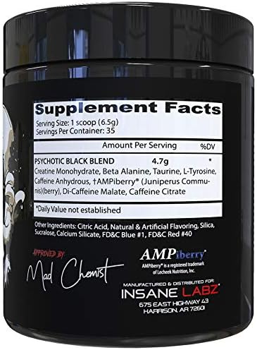 Insane Labz Psychotic Black Edition Mid Stimulant Pre Workout Powder, Energy Focus Pumps, Loaded with Creatine Beta Alanine Taurine Fueled by AMPiberry, 35 Servings (Grape)