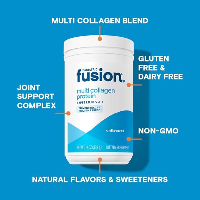 Bariatric Fusion Unflavored Multi Collagen Protein Powder | Hydrolyzed Collagen Peptides Powder Plus Joint Support Complex of MSM and Glucosamine | Type 2 | Dairy, Gluten & Soy Free | 30 Servings