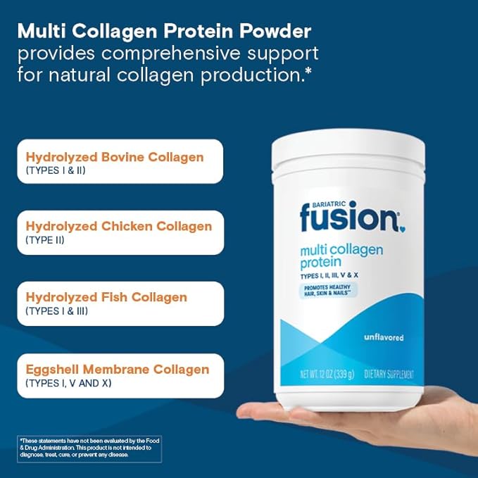 Bariatric Fusion Unflavored Multi Collagen Protein Powder | Hydrolyzed Collagen Peptides Powder Plus Joint Support Complex of MSM and Glucosamine | Type 2 | Dairy, Gluten & Soy Free | 30 Servings