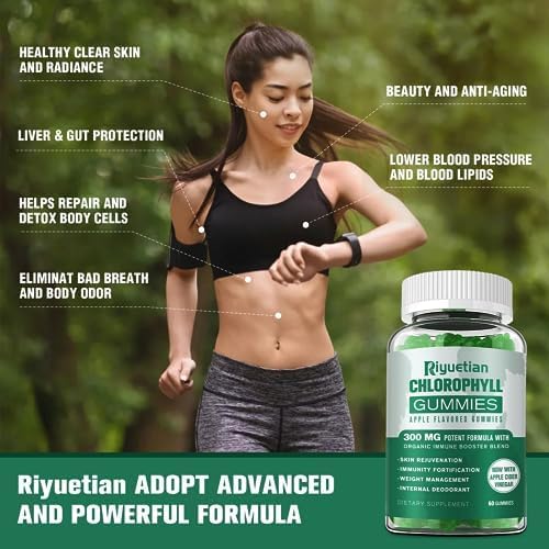 Sugar Free Chlorophyll Gummies - with Unfiltered ACV & Vitamin C、B12 - Energy Boost, Immune & Digestion Support, Natural Deodorant, Skin Care - Vegan, Non-GMO - 120 Gummies