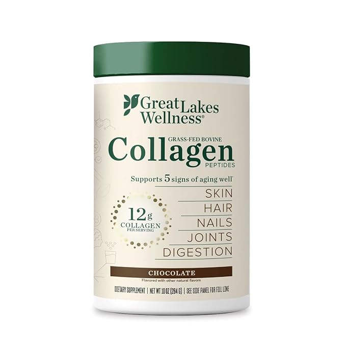 Great Lakes Wellness Collagen Peptides Powder for Skin, Hair, Nails, Joints & Digestion - Chocolate Flavored - Quick Dissolve Hydrolyzed, Non-GMO, Kosher - 10 oz