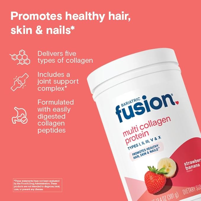 Bariatric Fusion Strawberry Banana Multi Collagen Protein Powder | Plus Joint Support Complex of MSM and Glucosamine | Dairy, Gluten & Soy Free | Non-GMO | 30 Servings
