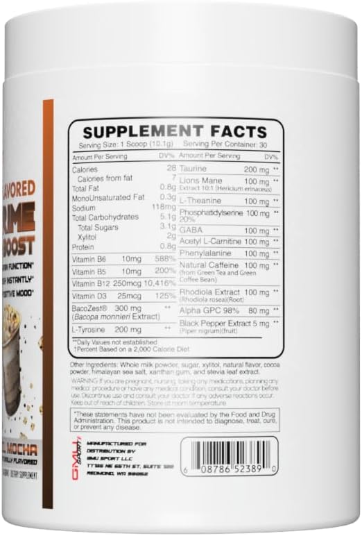 GMU SPORT Nootro-Prime Brain Boost - Focus Brain Supplement - Mushroom Supplement Powder with Alpha GPC, Nootropic Brain Supplements for Memory and Focus with Lions Mane, 30 Servings, Caramel Mocha