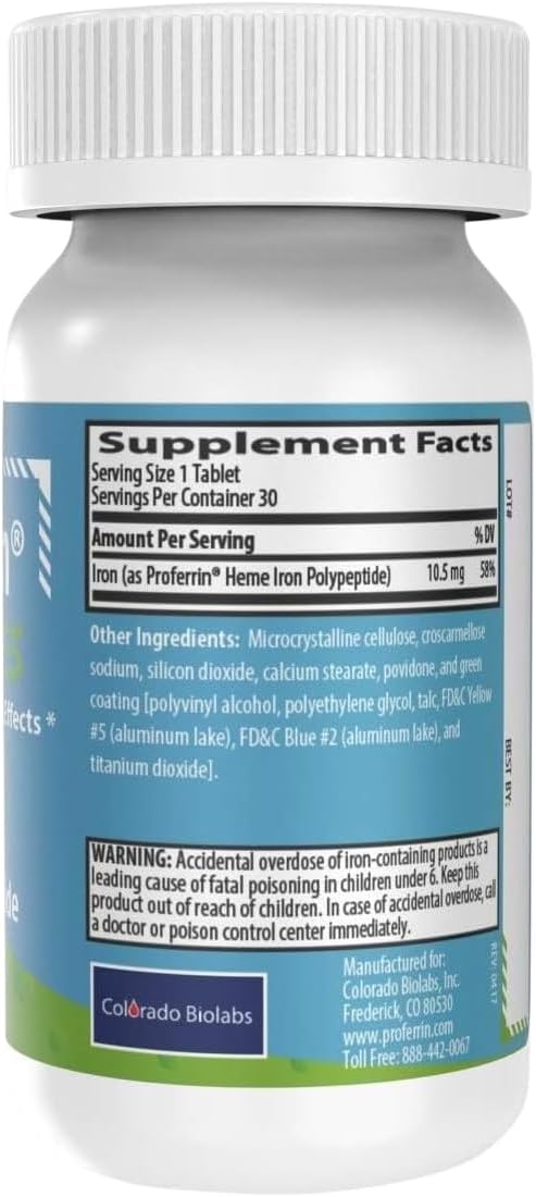 Proferrin ES- 10.5mg of high Absorbing Heme Iron Polypeptide. Made in The USA. 30 Tablets. Easy on The Gut. Not affected by Coffee, Calcium, or PPI's.
