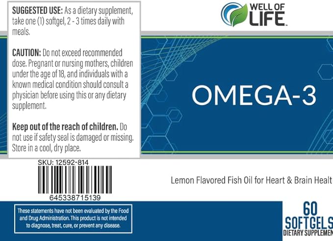 Well of Life Omega-3 Fish Oil – 60 Softgels | High EPA & DHA for Heart and Brain Health | Non-GMO, Premium Fish Oil Supplement | Made in USA, GMP Certified
