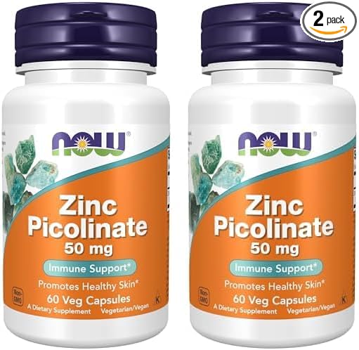 NOW Supplements, Zinc Picolinate 50 mg, Supports Enzyme Functions*, Immune Support*, 60 Veg Capsules (Pack of 2)