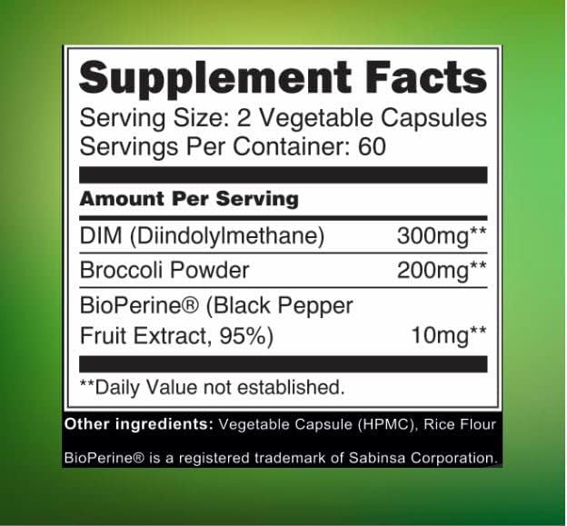 DIM Supplement 300mg with Broccoli 200mg BioPerine 10mg-Hormone and Estrogen Balance for Women & Men,Menopause Relief,PCOS & PMS Support,Hormonal Acne Treatment-120 Caps,Diindolylmethane 150mg per Cap