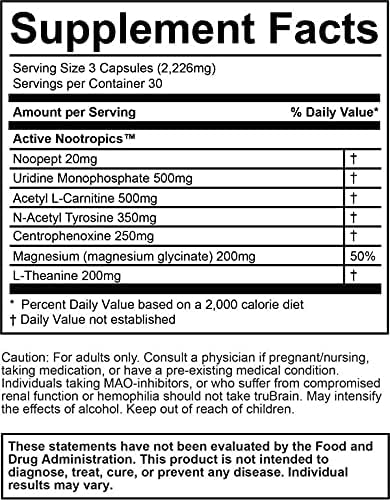 TruBrain Nootropic Capsules - Focus, Energy, Clarity. Fast Absorbing Nootropics Capsules | Brain Boosters | Improve Memory | Stop Procrastination (Medium)
