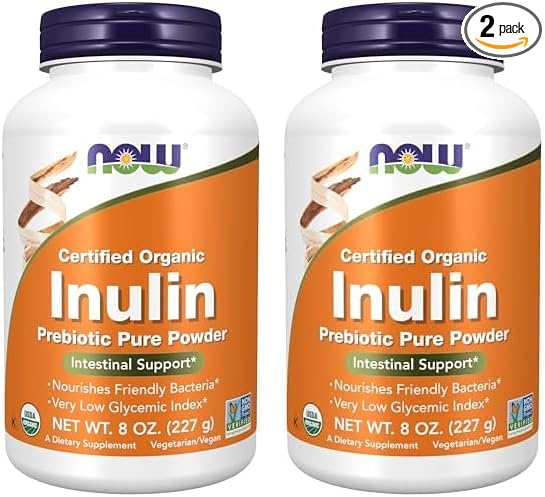 NOW Supplements, Inulin Prebiotic Pure Powder, Certified Organic, Non-GMO Project Verified, Intestinal Support*, 8-Ounce (Pack of 2)