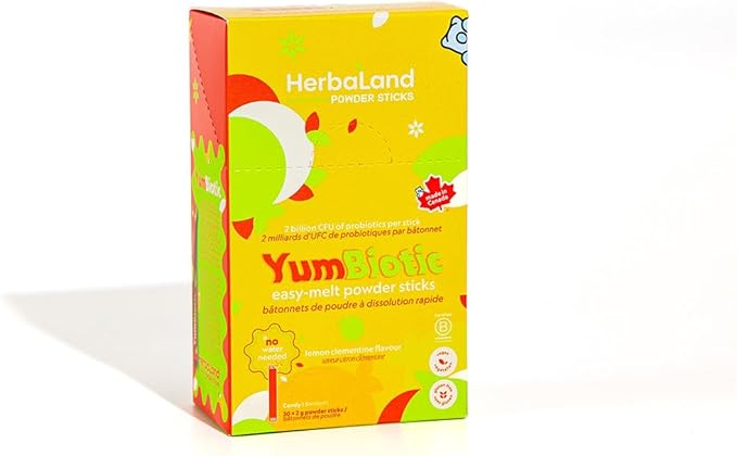 Herbaland YumBiotic Powder Stick - Vegan, 2 billion CFU of probiotics & 520mg of prebiotics per Stick, Strawberry Shake, Lemon Clementine (1 x Lemon Clementine Yumbiotic Box, Lemon Clementine)