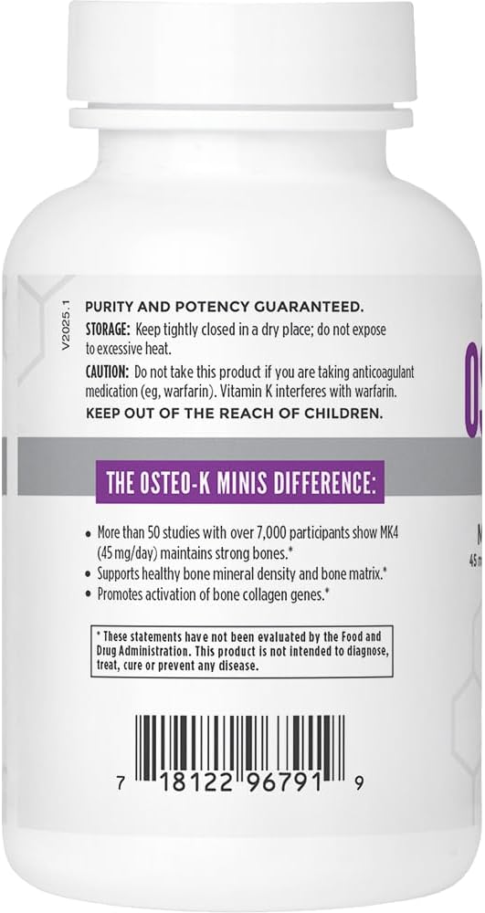 Osteo-K Bone Support - Mini | Vitamin D & K Complex with Calcium Citrate Supplement | 45mg Vitamin K2 (MK4) for Strong Bone Health & Function | 120ct Veggie Capsules