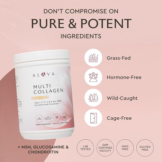 Alaya Multi Collagen Powder - Type I, II, III, V, X Hydrolyzed Collagen Peptides Protein Powder Supplement with MSM + GC (Vanilla)