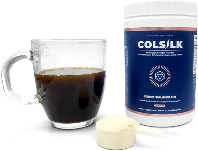 Skin Research Institute ColSilk Collagen Powder Supplement with Collagen, Colostrum, and Polypodium for Skin, Hair, Nails, and Joint Support – One Scoop per Serving – Unflavored (1 Month Supply)