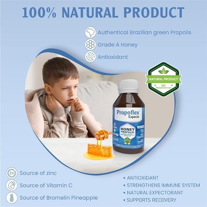 Beelife Propoflex Expecto Cough Syrup - Triple-Action - Natural Cough Syrup for Kids & Adults - Made in Brazil Green Propolis - Zinc, Bromelain, Vitamin C- 150 ml