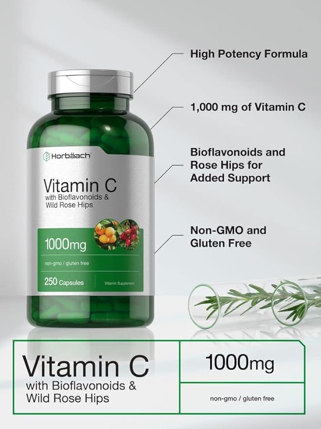 Horbäach Vitamin C 1000mg | 250 Capsules | with Bioflavonoids and Rose HIPS | Non-GMO, Gluten Free Supplement | High Strength Formula