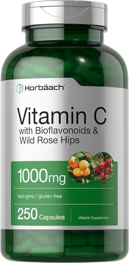 Horbäach Vitamin C 1000mg | 250 Capsules | with Bioflavonoids and Rose HIPS | Non-GMO, Gluten Free Supplement | High Strength Formula