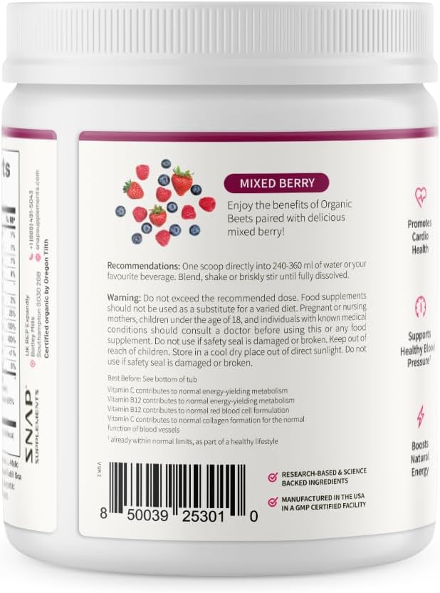 Snap Supplements USDA Organic Beet Root Powder, 3-in-1 Nitric Oxide Supplement, Support Healthy Blood Pressure and Blood Circulation, 250g (30 Servings (Pack of 1), Mixed Berry)