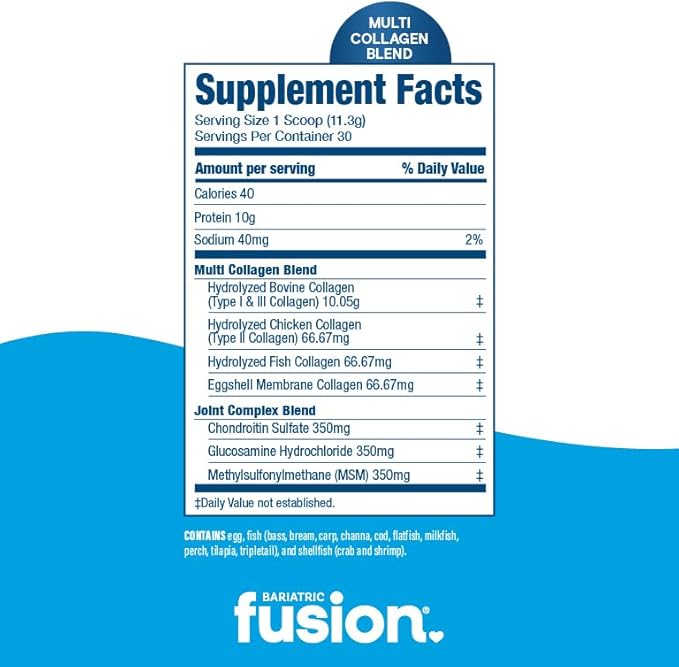 Bariatric Fusion Unflavored Multi Collagen Protein Powder | Hydrolyzed Collagen Peptides Powder Plus Joint Support Complex of MSM and Glucosamine | Type 2 | Dairy, Gluten & Soy Free | 30 Servings