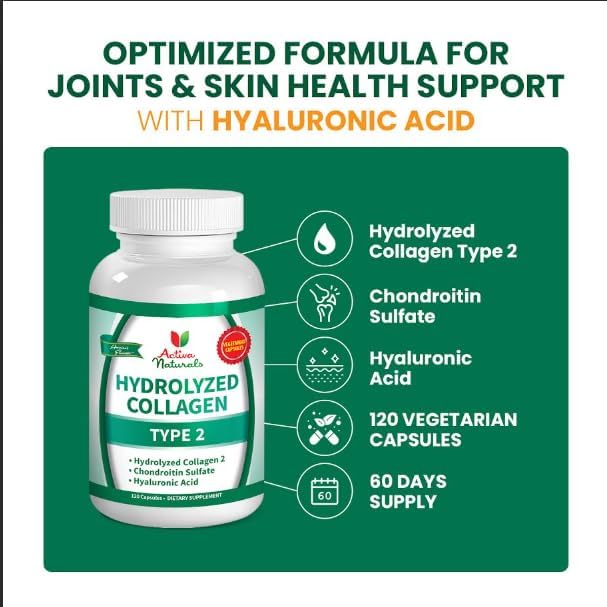Collagen Type 2 Hydrolyzed Supplement with Chondroitin and Hyaluronic, for Healthy Hair, Skin, Nails, and Joints, No Fillers, Additives, and No Artificial Colors - 120 Vegetarian Capsules
