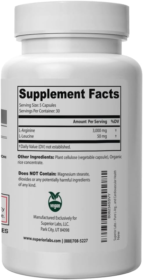 Superior Labs – Pure L-Arginine – Free Form – Optimal 3,000mg Dosage – 150 Vegetable Capsules – Supports Vasodilation, Energy Production and Cardiovascular Health