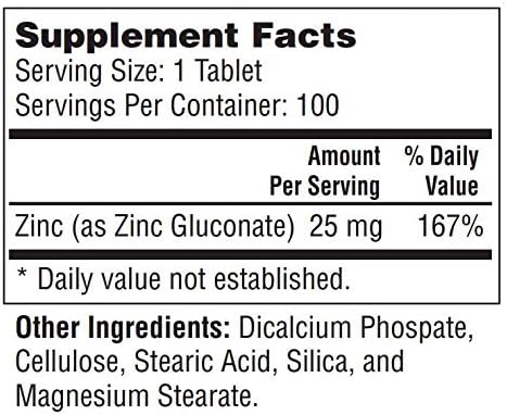 Zinc (as Zinc Gluconate) 25 mg, 100 Mini Size Easy to Swallow Tablets – Immune Support, Essential Mineral Antioxidant, Healthy Living, Gluten Free, cGMP Compliant, Made in USA