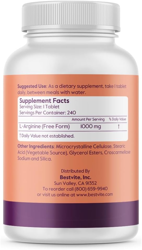 BESTVITE L-Arginine 1000mg per Tablet (240 Tablets) containing 20% More Pure L-Arginine as Compared to L-Arginine HCL Products