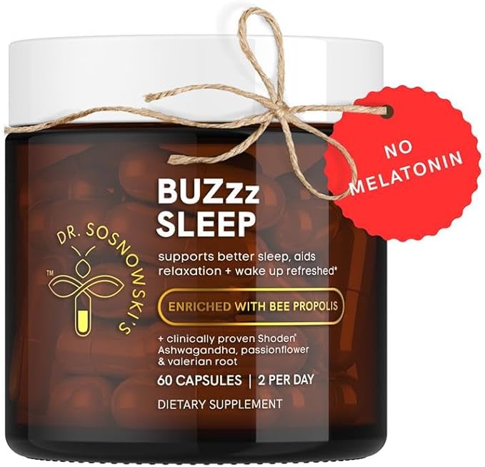 Dr Sosnowski's BUZzz Sleep Support with Bee Propolis Triple Action Sleep Formula for Calmer Nights and Refreshing Mornings, Vegetable Capsules, 60ct