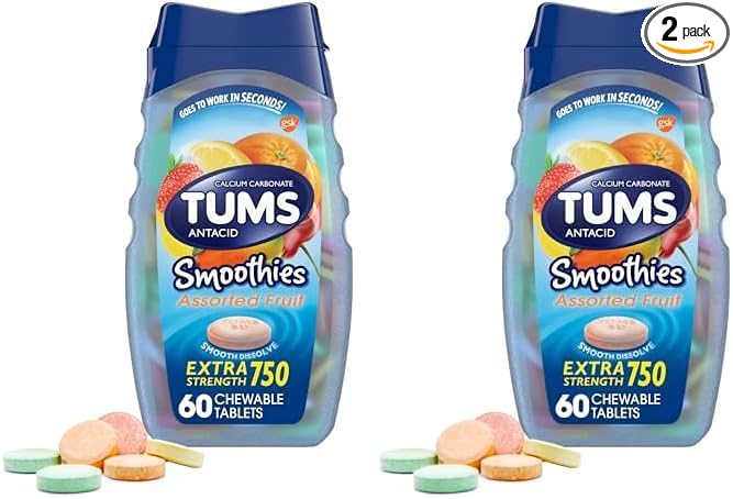 TUMS Smoothies Extra Strength Antacid Chewable Tablets for Heartburn Relief, Assorted Fruit - 60 Count (Pack of 2)