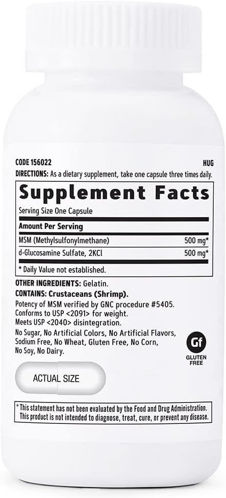 GNC MSM Glucosamine 500mg Supplement, Supports Healthy Joint Function, Supports Healthy Joint Cartilage, 30 Servings