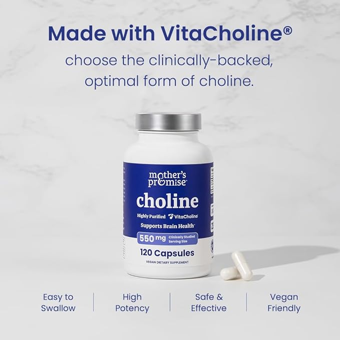Choline Supplements 550mg | Supports Baby’s Brain Development & Cognitive Function During Pregnancy & Metabolism | Ultra Pure Natal VitaCholine®, Prenatal Choline Bitartrate | 120 Vegan Capsules