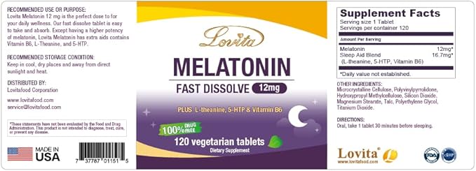 Lovita Melatonin 12mg Fast Dissolve | Natural Sleep Aid | 100% Drug-Free | 120 Vegetarian Tablets (Pack of 3)