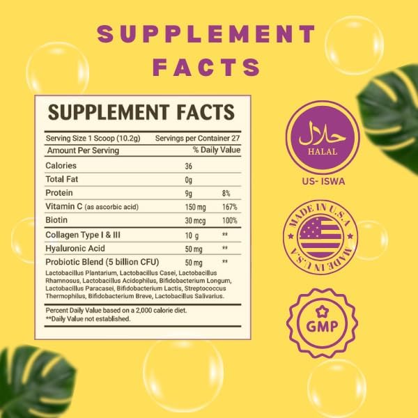 Greenfield Nutritions Halal Collagen Peptides Powder - 9g Halal Protein Probiotic, Biotin, Hyaluronic Acid & Vitamin C - 270g Halal Collagen for Women & Men - Supports Hair, Skin, Nails, Joints & Gut