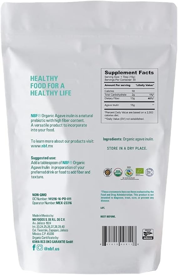NBF NATURA BIO FOODS - Organic Agave Inulin Powder | Prebiotic Fiber Supplement | Gut Support | No Flavor or Aftertaste | Vegan & Keto Friendly | 16 Oz, 1 Pound (Pack of 1)