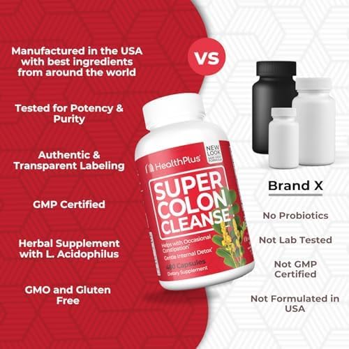 Health Plus Super Colon Cleanse 120 Day Supply of Gentle Gut Cleanse Detox, Psyllium Husk, Probiotics for Constipation Relief & Digestive Support, 480 Capsules