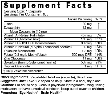 Nature's Fusions Nutri Lutein 20mg Eye Vitamins Complex - Triple Carotenoid Formula - Lutein and Zeaxanthin - Contains Zinc, Vitamins A,C,D3,E, Folate - 60 Capsules - Eye Health Supplements