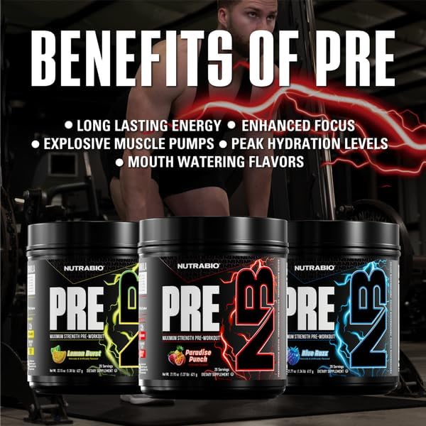 NutraBio PRE Workout Powder - New Formula- Sustained Energy, Mental Focus, Endurance - Beta Alanine, Caffeine, Electrolytes - 20 Servings - Paradise Punch
